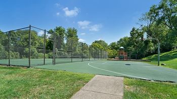 A basketball court surrounded by a fence and trees.